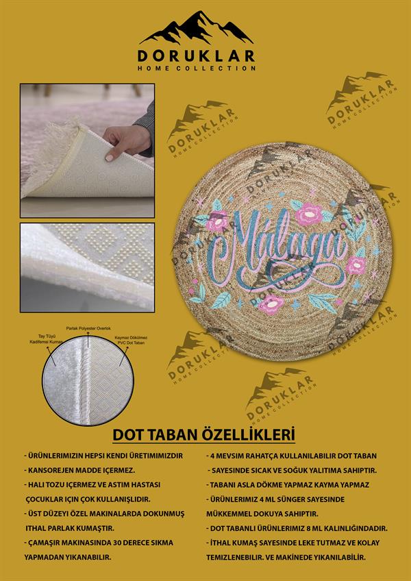 Dijital Baskı Kaymaz Taban Yıkanabilir Hasır-Jüt Görünümlü Yuvarlak Halı
