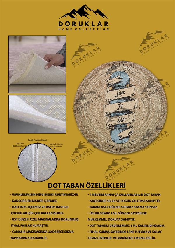 Dijital Baskı Kaymaz Taban Yıkanabilir Hasır-Jüt Görünümlü Yuvarlak Halı