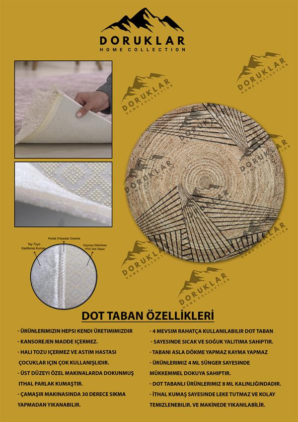 Dijital Baskı Kaymaz Taban Yıkanabilir Hasır-Jüt Görünümlü Yuvarlak Halı