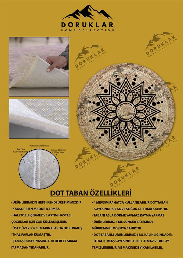 Dijital Baskı Kaymaz Taban Yıkanabilir Hasır-Jüt Görünümlü Yuvarlak Halı