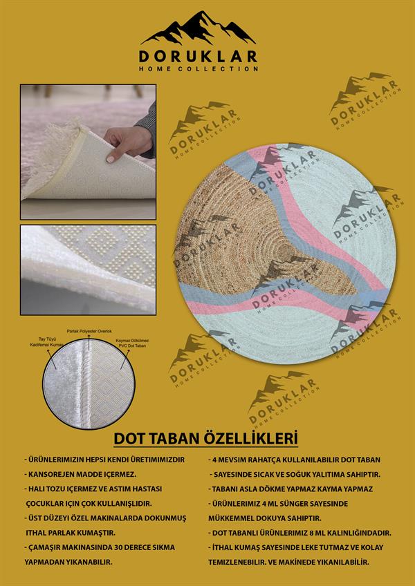Dijital Baskı Kaymaz Taban Yıkanabilir Hasır-Jüt Görünümlü Yuvarlak Halı