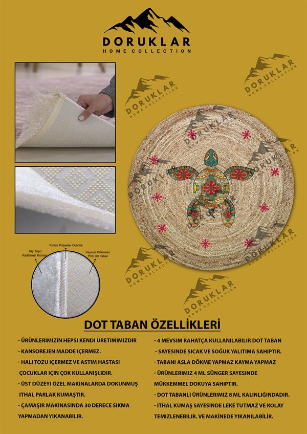 Dijital Baskı Kaymaz Taban Yıkanabilir Hasır-Jüt Görünümlü Yuvarlak Halı
