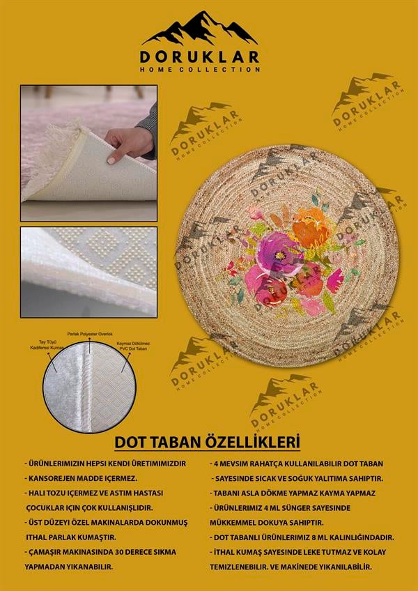 Dijital Baskı Kaymaz Taban Yıkanabilir Hasır-Jüt Görünümlü Yuvarlak Halı