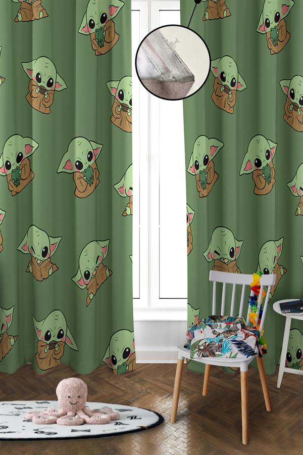 Dijital Baskı Yıkanabilir Baby Yoda Desenli 2 Kanat Bebek ve Çocuk Odası Fon Perdesi