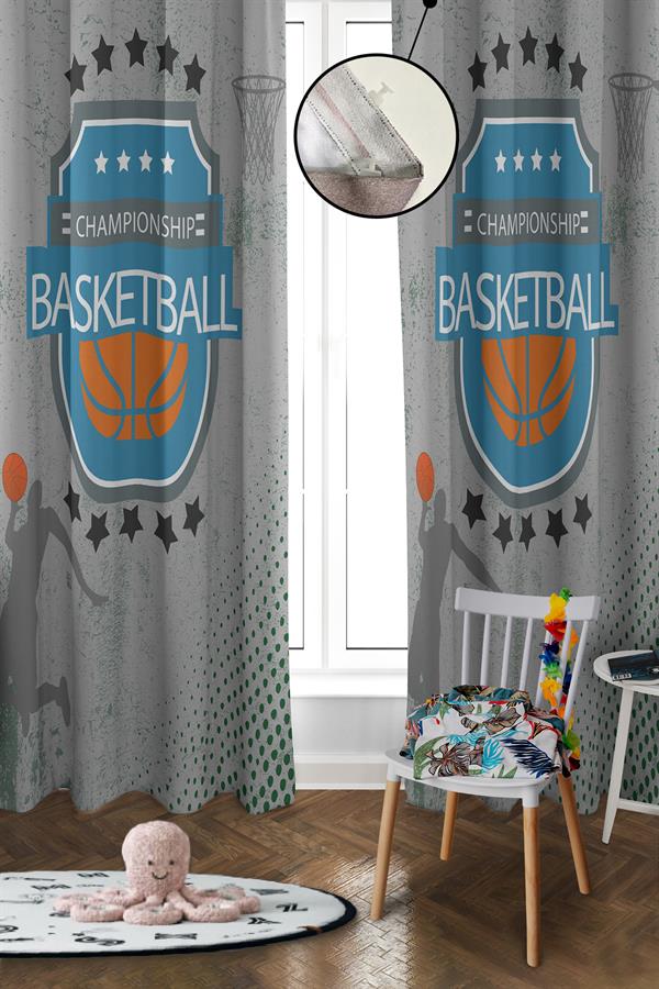 Dijital Baskı Yıkanabilir Basketbol Desenli 2 Kanat Bebek ve Çocuk Odası Fon Perdesi