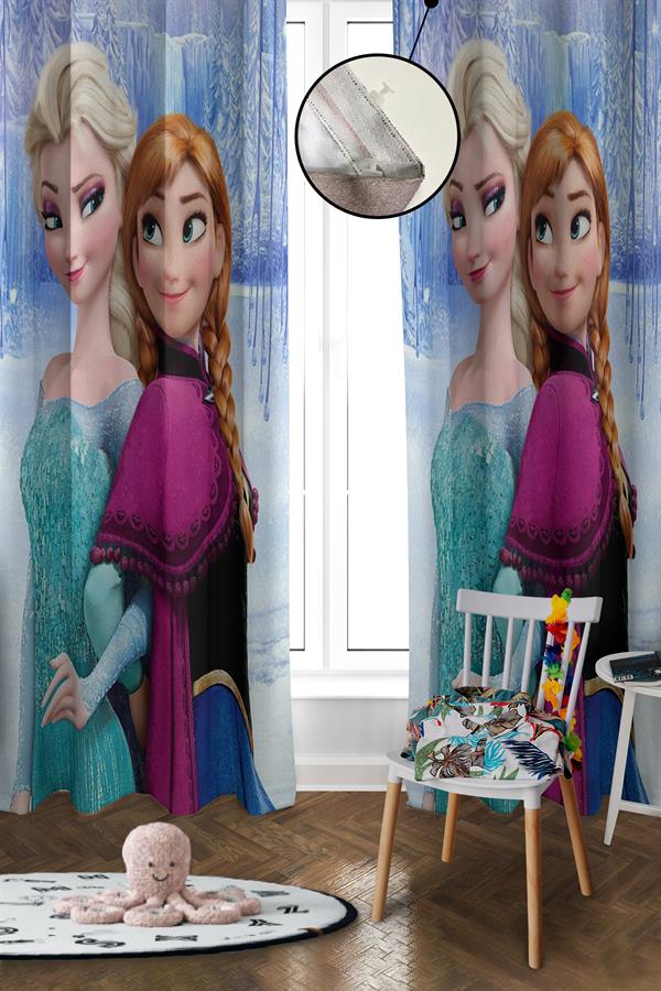 Dijital Baskı Yıkanabilir Elsa Desenli 2 Kanat Bebek ve Çocuk Odası Fon Perdesi