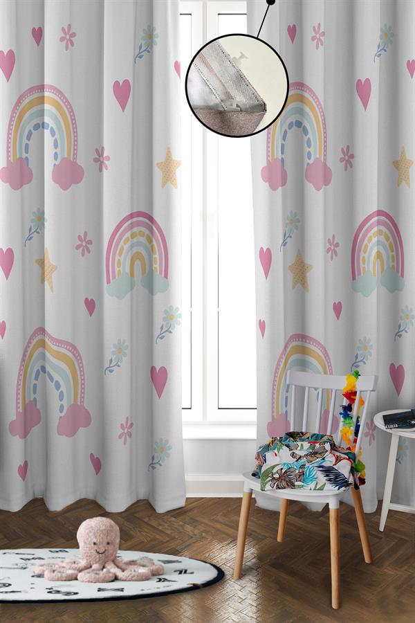 Dijital Baskı Yıkanabilir Gökkuşağı Desenli 2 Kanat Bebek ve Çocuk Odası Fon Perdesi