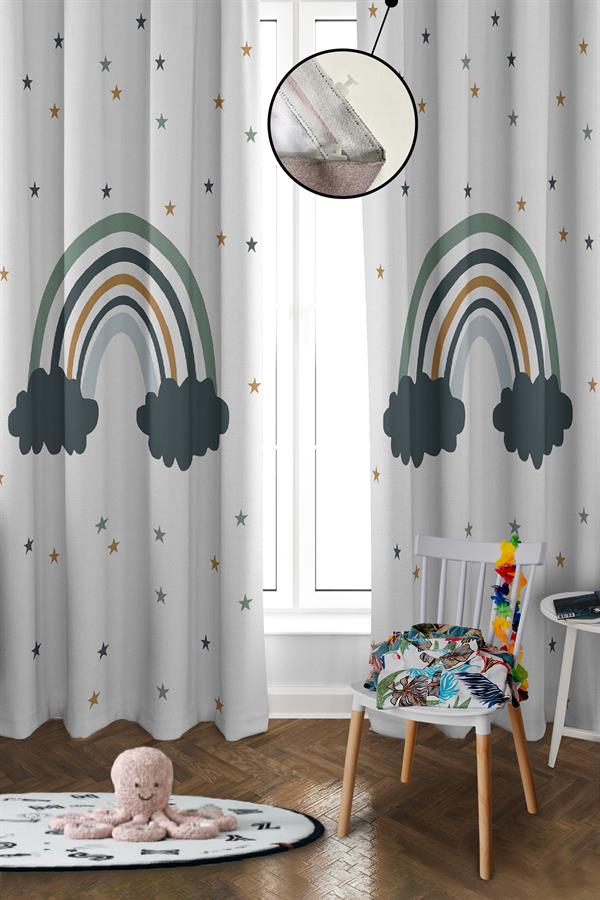 Dijital Baskı Yıkanabilir Gökkuşağı Desenli 2 Kanat Bebek ve Çocuk Odası Fon Perdesi