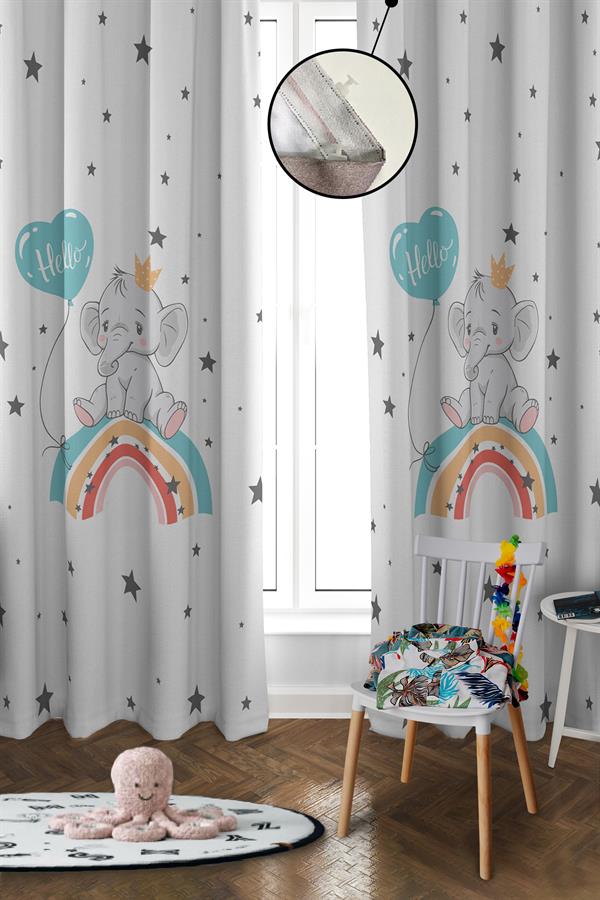 Dijital Baskı Yıkanabilir Gökkuşağı Fil Desenli 2 Kanat Bebek ve Çocuk Odası Fon Perdesi