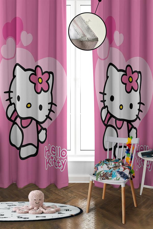 Dijital Baskı Yıkanabilir Hello Kitty Desenli 2 Kanat Bebek ve Çocuk Odası Fon Perdesi