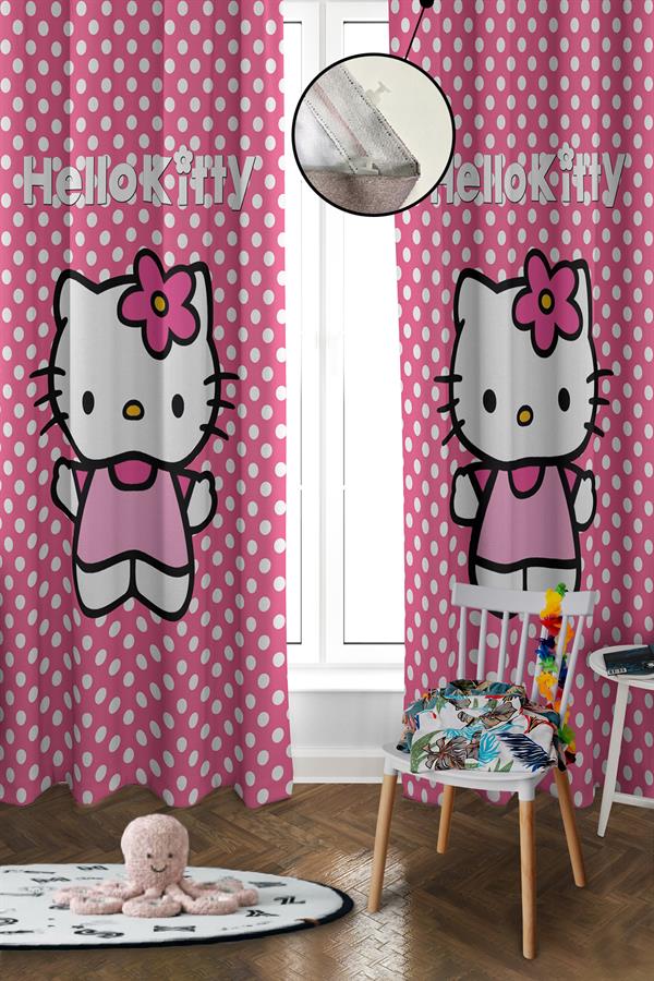 Dijital Baskı Yıkanabilir Hello Kitty Desenli 2 Kanat Bebek ve Çocuk Odası Fon Perdesi
