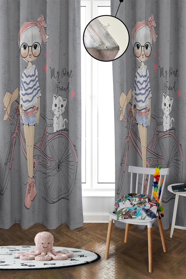 Dijital Baskı Yıkanabilir Kedi ve Kız Desenli 2 Kanat Bebek ve Çocuk Odası Fon Perdesi