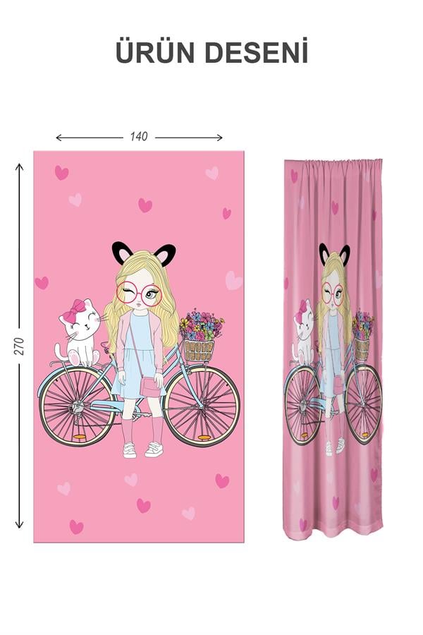 Dijital Baskı Yıkanabilir Kedi ve Kız Desenli 2 Kanat Bebek ve Çocuk Odası Fon Perdesi