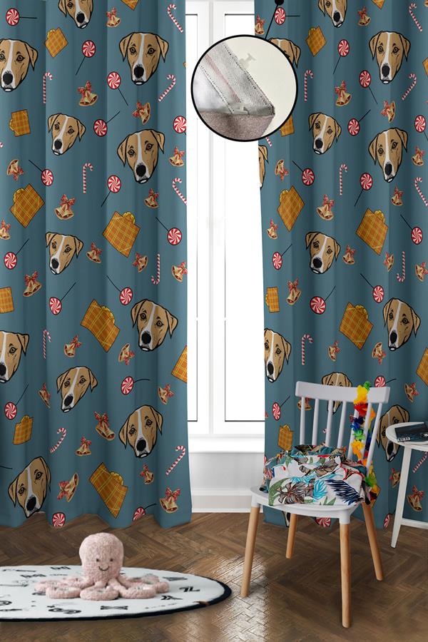 Dijital Baskı Yıkanabilir Köpek Desenli 2 Kanat Bebek ve Çocuk Odası Fon Perdesi