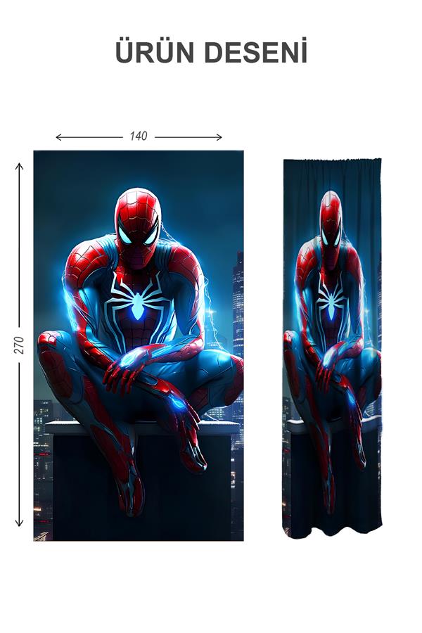 Dijital Baskı Yıkanabilir Spiderman Desenli 2 Kanat Bebek ve Çocuk Odası Fon Perdesi