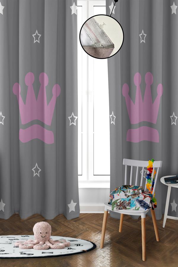 Dijital Baskı Yıkanabilir Taç Desenli 2 Kanat Bebek ve Çocuk Odası Fon Perdesi