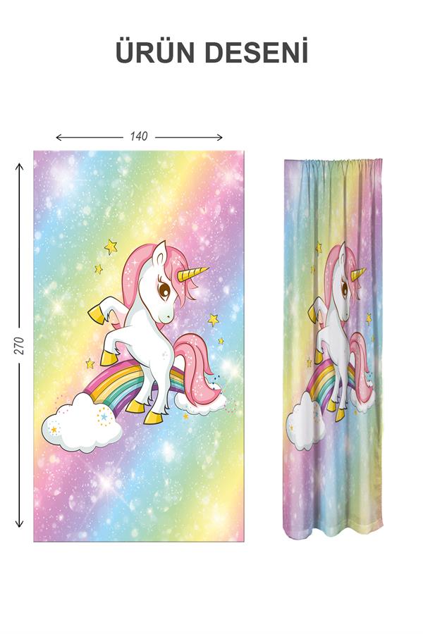 Dijital Baskı Yıkanabilir Unicorn Desenli 2 Kanat Bebek ve Çocuk Odası Fon Perdesi