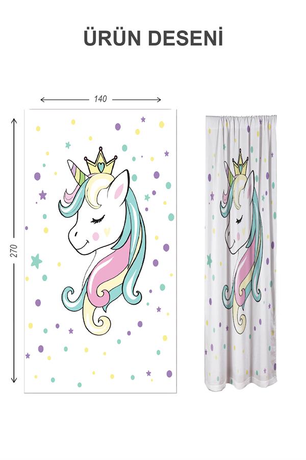 Dijital Baskı Yıkanabilir Unicorn Desenli 2 Kanat Bebek ve Çocuk Odası Fon Perdesi