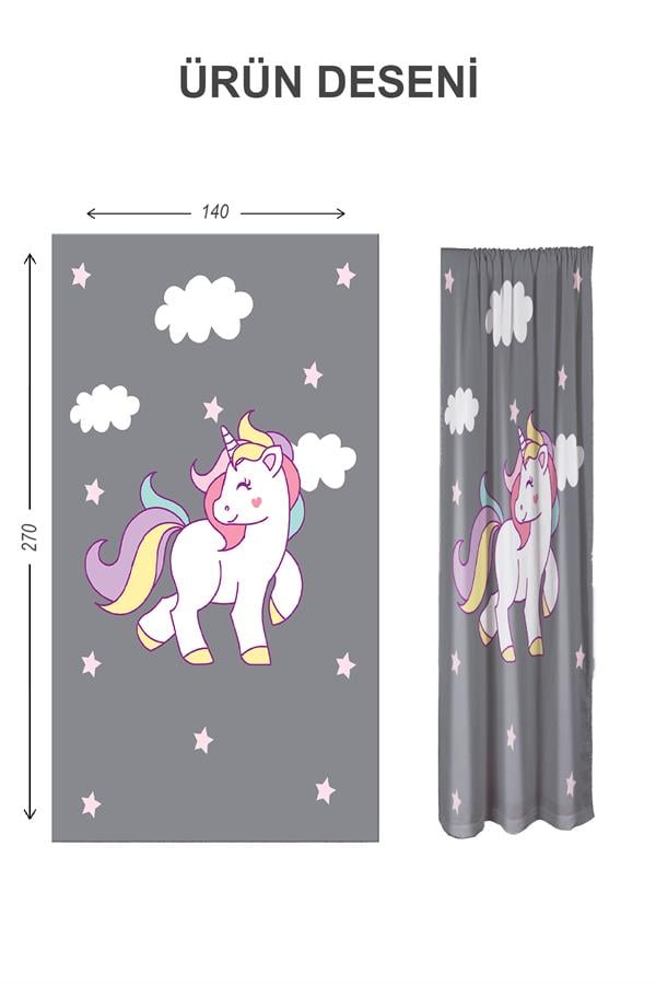 Dijital Baskı Yıkanabilir Unicorn Desenli 2 Kanat Bebek ve Çocuk Odası Fon Perdesi