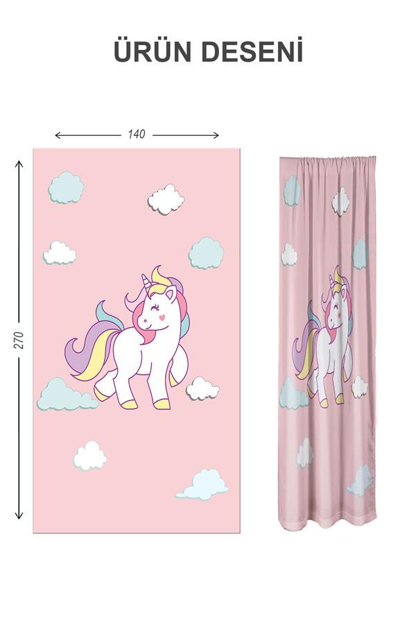 Dijital Baskı Yıkanabilir Unicorn Desenli 2 Kanat Bebek ve Çocuk Odası Fon Perdesi