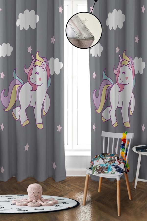 Dijital Baskı Yıkanabilir Unicorn Desenli 2 Kanat Bebek ve Çocuk Odası Fon Perdesi