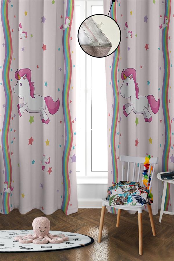 Dijital Baskı Yıkanabilir Unicorn Desenli 2 Kanat Bebek ve Çocuk Odası Fon Perdesi