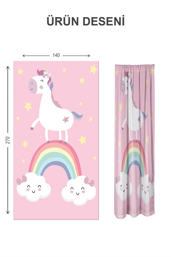 Dijital Baskı Yıkanabilir Unicorn Desenli 2 Kanat Bebek ve Çocuk Odası Fon Perdesi