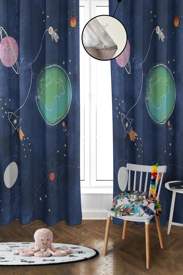 Dijital Baskı Yıkanabilir Uzay Desenli 2 Kanat Bebek ve Çocuk Odası Fon Perdesi