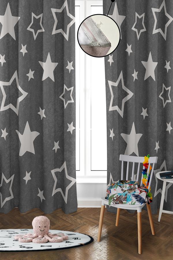 Dijital Baskı Yıkanabilir Yıldız Desenli 2 Kanat Bebek ve Çocuk Odası Fon Perdesi
