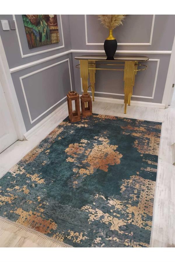 Eskitme Desenli Kaymaz Tabanlı Yıkanabilir Leke Tutmaz Dokuma Taban Halı Drk8078-8