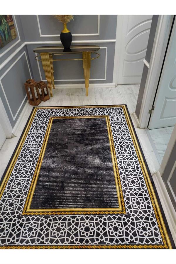 Eskitme Zeminli Çerçeve Desenli Kaymaz Tabanlı Yıkanabilir Leke Tutmaz Dokuma Taban Halı Drk8057-1