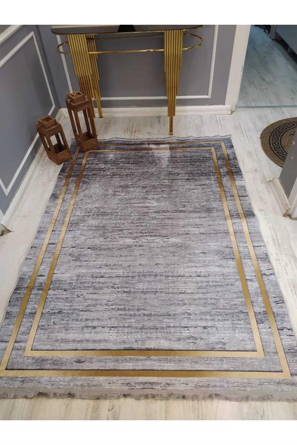 Eskitme Zeminli Gold Çerçeve Desenli Kaymaz Taban Yıkanır Leke Tutmaz Dokuma Taban Halı Drk8049-8