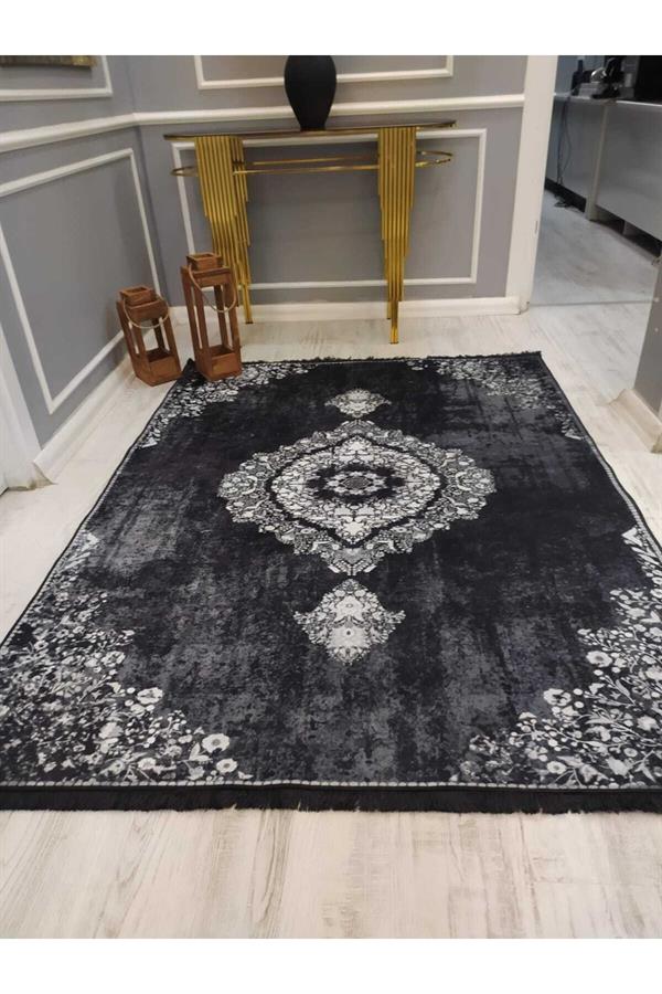 Eskitme Zeminli Modern Klasik Desenli Kaymaz Taban Yıkanır Leke Tutmaz Dokuma Taban Halı Drk8037-3