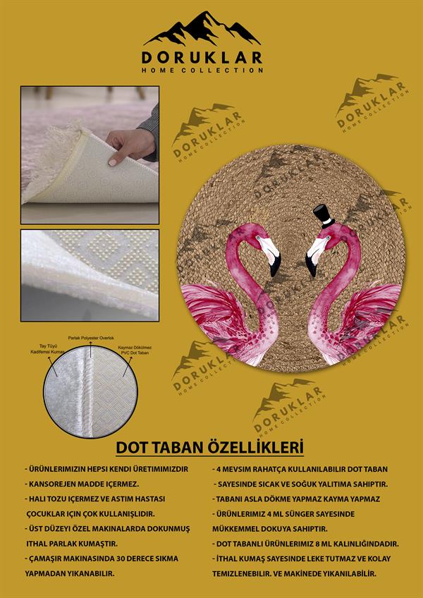 Flamingo Desenli Dijital Baskı Kaymaz Taban Yıkanabilir Yuvarlak Halı