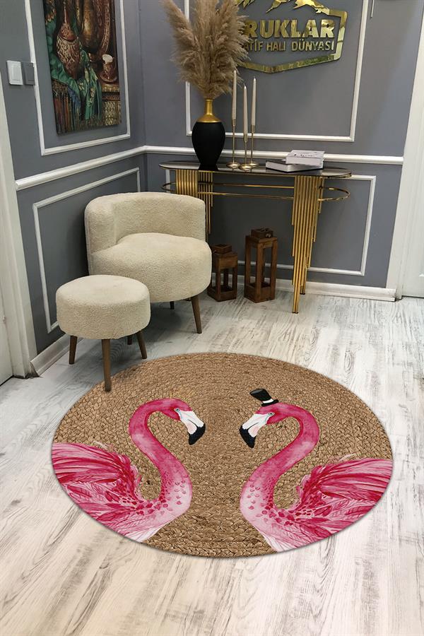 Flamingo Desenli Dijital Baskı Kaymaz Taban Yıkanabilir Yuvarlak Halı