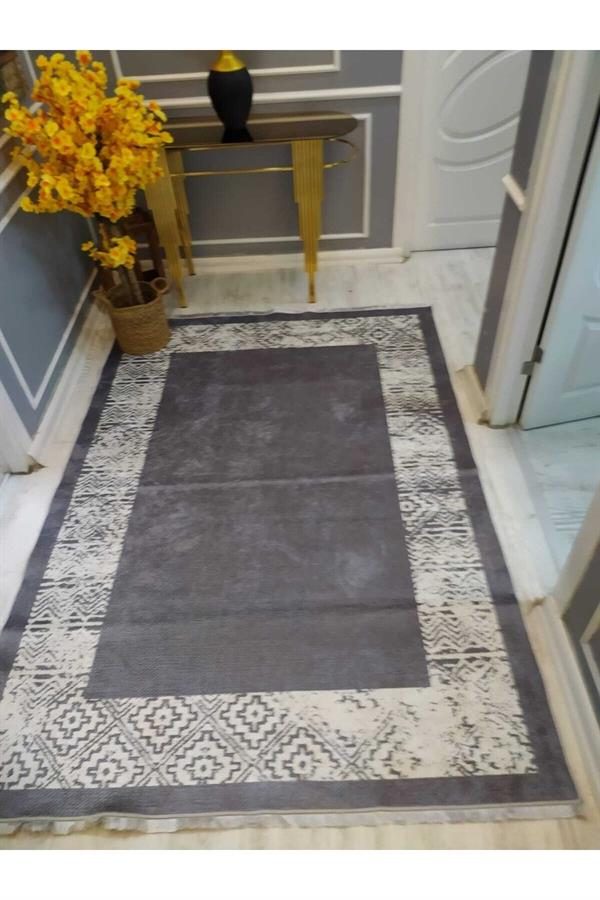 Gri Zeminli Eskitme Çerçeve Desen Kaymaz Taban Yıkanabilir Leke Tutmaz Dokuma Taban Halı Drk8040-8