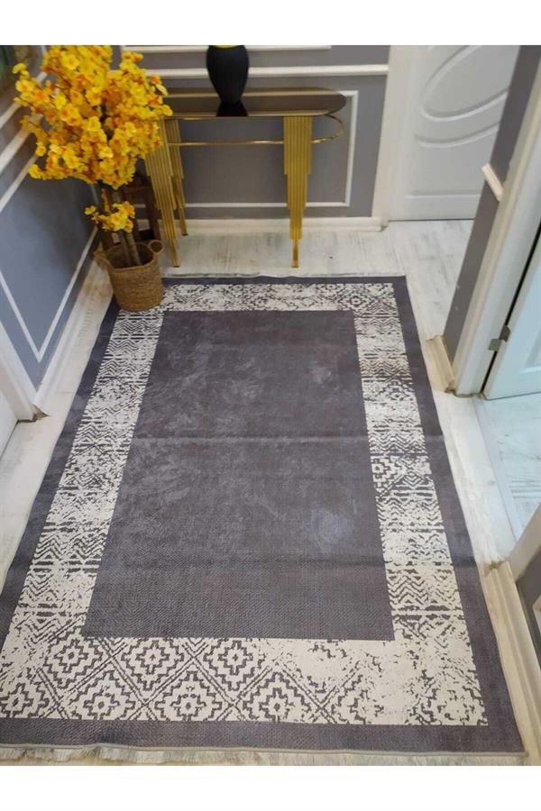 Gri Zeminli Eskitme Çerçeve Desen Kaymaz Taban Yıkanabilir Leke Tutmaz Dokuma Taban Halı Drk8040-8