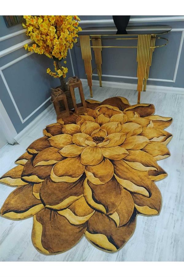 Hardal Renkli Lazer Kesim Desenli Kaymaz Taban Yıkanabilir Leke Tutmaz Dokuma Taban Halı Drk-8022-6