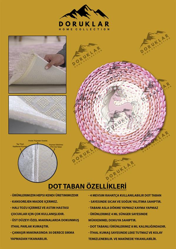 Hasır Desenli Pembe Unicorn  Kaymaz Tabanlı Yıkanabilir Yuvarlak Çocuk Halısı