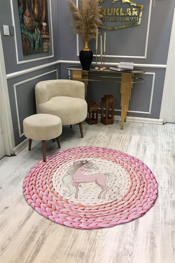 Hasır Desenli Pembe Unicorn  Kaymaz Tabanlı Yıkanabilir Yuvarlak Çocuk Halısı