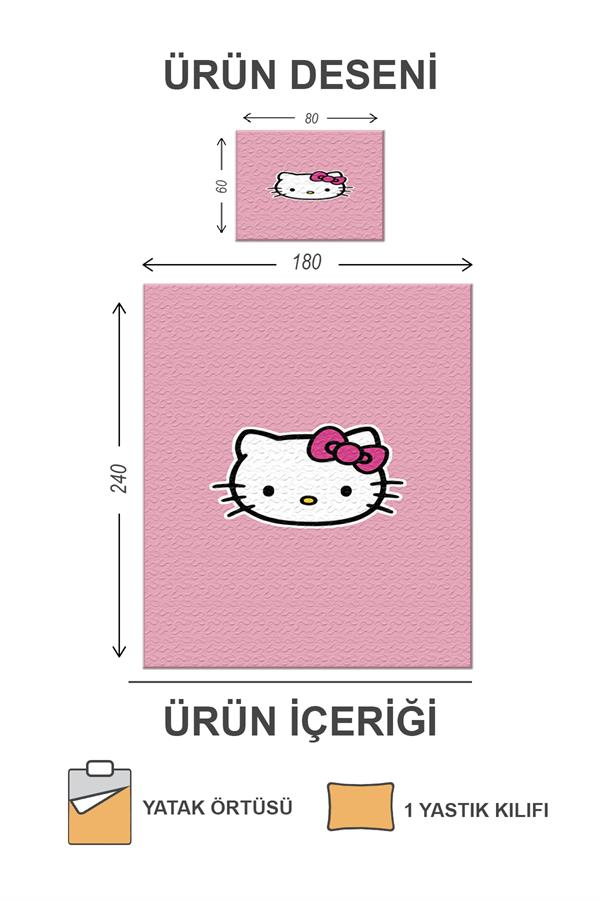 Kapitoneli Pamuk Dolgulu Kadife Kumaş Hello Kitty Desenli Tek Kişilik Çocuk Genç Yatak Örtüsü Seti
