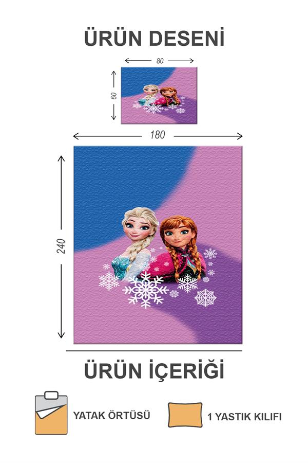 Kapitoneli Pamuk Dolgulu Kadife Kumaş Elsa Frozen Desenli Tek Kişilik Çocuk Genç Yatak Örtüsü Seti
