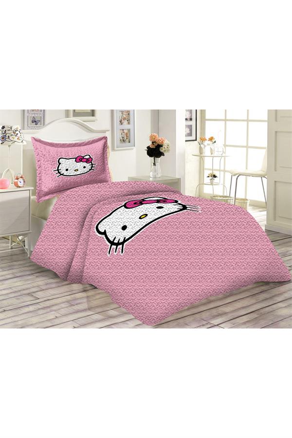 Kapitoneli Pamuk Dolgulu Kadife Kumaş Hello Kitty Desenli Tek Kişilik Çocuk Genç Yatak Örtüsü Seti