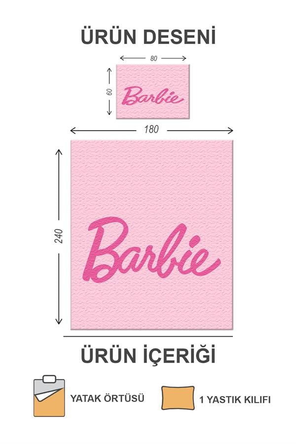 Kapitoneli Pamuk Dolgulu Kadife Kumaş Barbie Desenli Tek Kişilik Çocuk Genç Yatak Örtüsü Seti