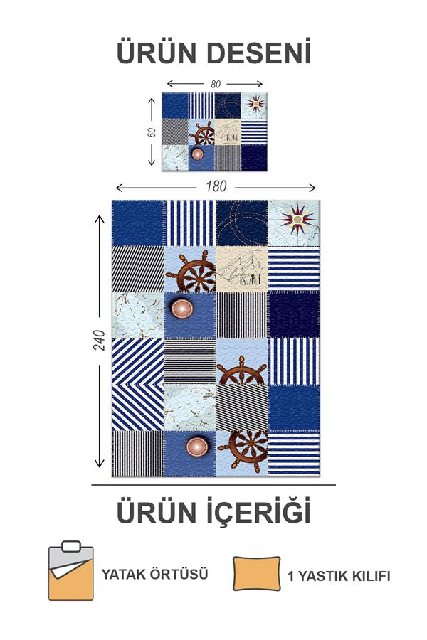 Kapitoneli Pamuk Dolgulu Kadife Kumaş Gemi Desenli Tek Kişilik Çocuk Genç Yatak Örtüsü Seti
