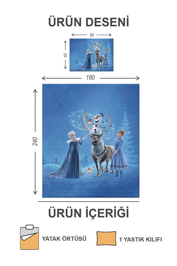 Kapitoneli Pamuk Dolgulu Kadife Kumaş Elsa Frozen Desenli Tek Kişilik Çocuk Genç Yatak Örtüsü Seti