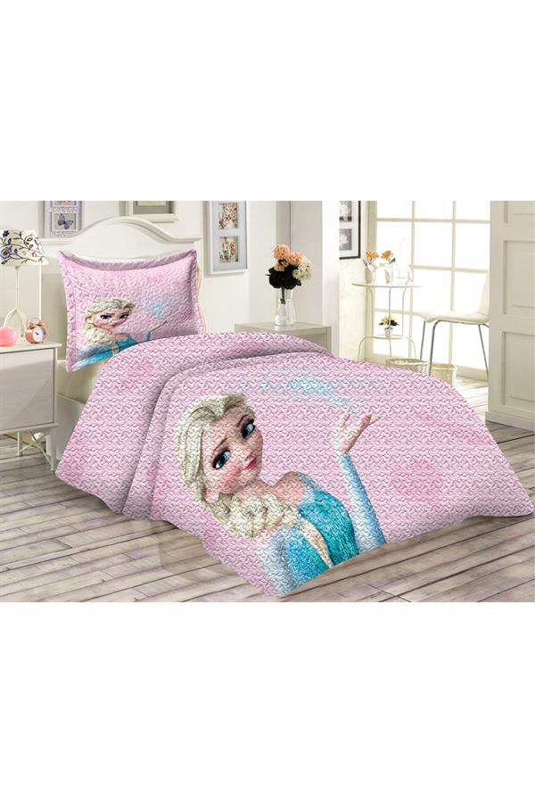 Kapitoneli Pamuk Dolgulu Kadife Kumaş Elsa Frozen Desenli Tek Kişilik Çocuk Genç Yatak Örtüsü Seti