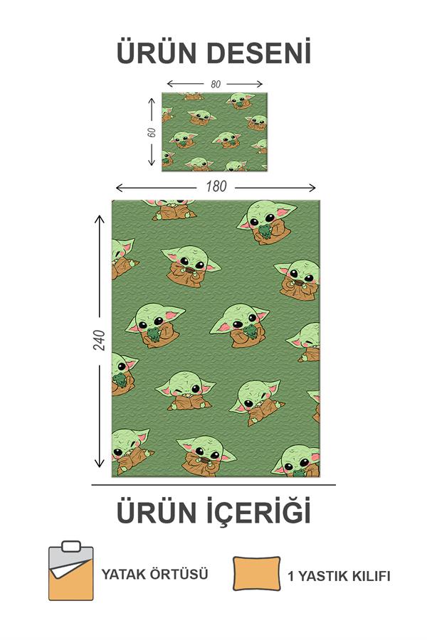 Kapitoneli Pamuk Dolgulu Kadife Kumaş Yoda Desenli Tek Kişilik Çocuk Genç Yatak Örtüsü Seti