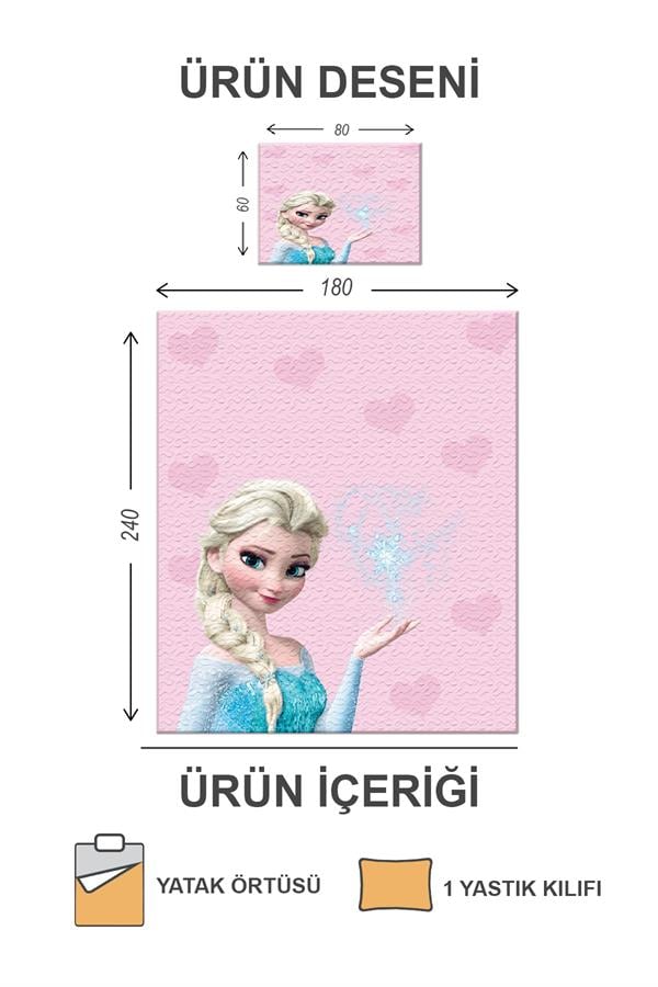 Kapitoneli Pamuk Dolgulu Kadife Kumaş Elsa Frozen Desenli Tek Kişilik Çocuk Genç Yatak Örtüsü Seti