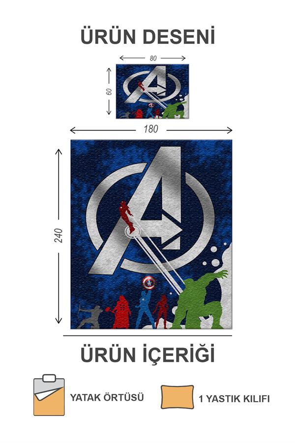 Kapitoneli Pamuk Dolgulu Kadife Kumaş Marvel Desenli Tek Kişilik Çocuk Genç Yatak Örtüsü Seti